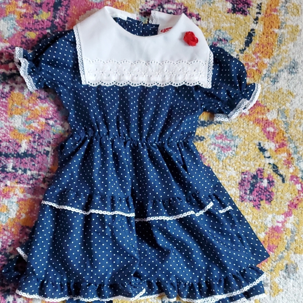 Cuddle Teen Vintage Navy Polka Dot Kids Dress with White Collar